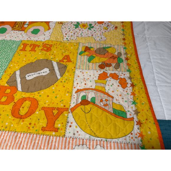 Vintage It’s A Boy Baby Quilt 34x43 Retro Appliqué Nursery Blanket Trains Bike - Picture 5 of 10
